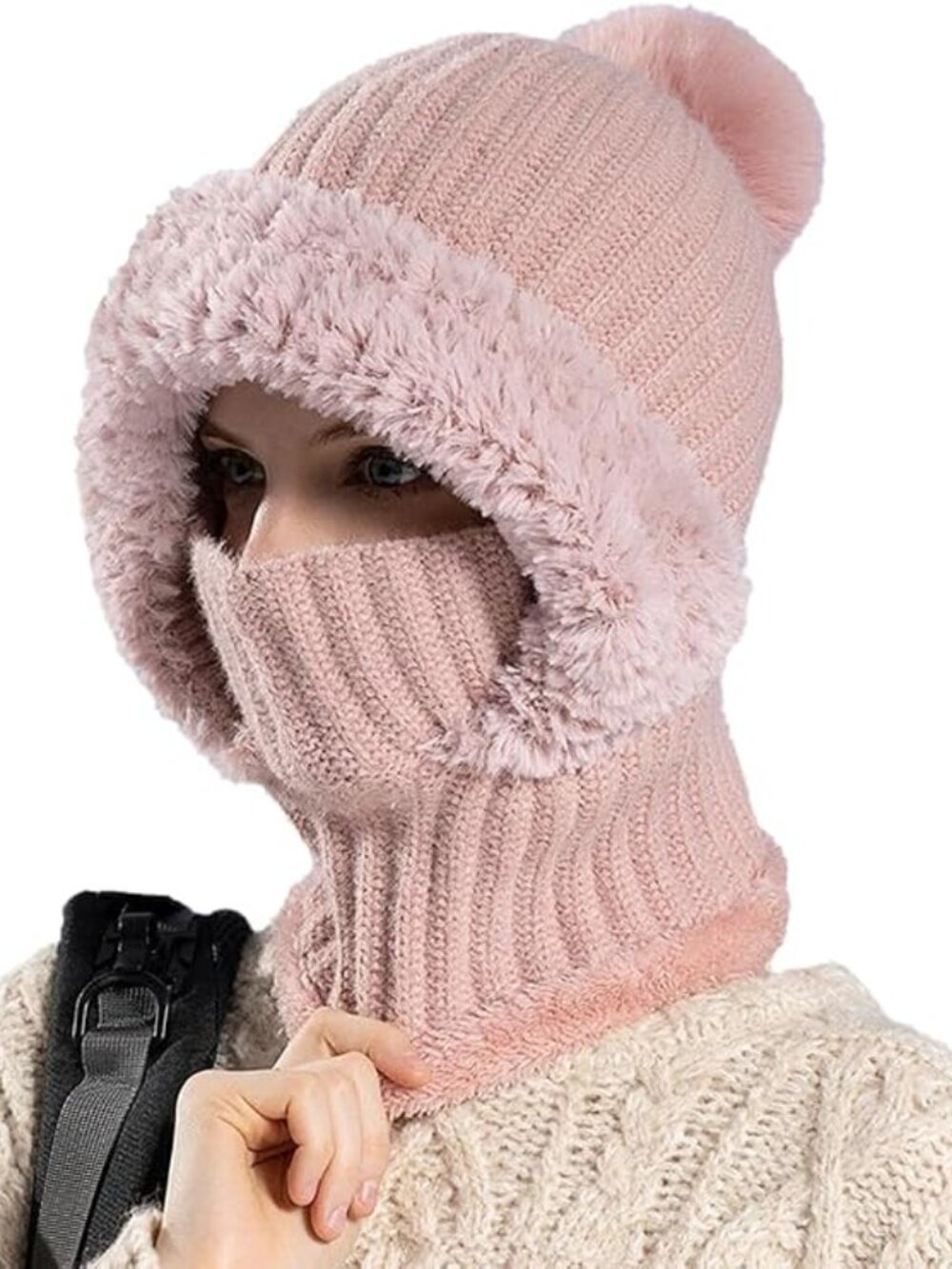 Fleece Lined Winter Scarf Mask Set Plush Earmuff Skull Hats with Pompom